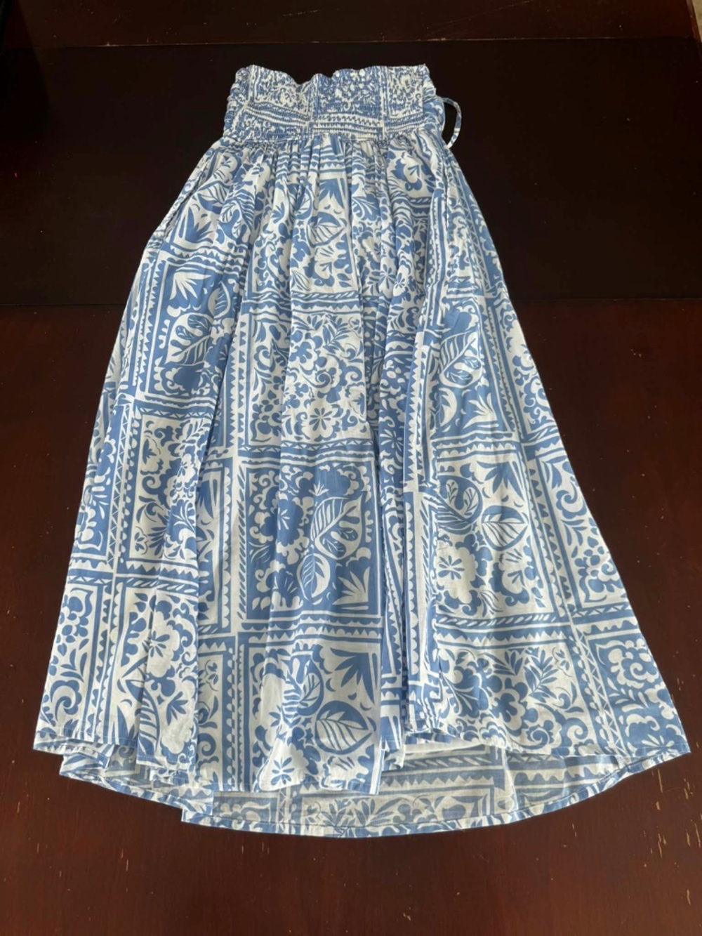 Japna Blue White Tile Print Smocked Maxi Dress 100% Cotton Coastal Peasant Boho - Picture 4 of 4
